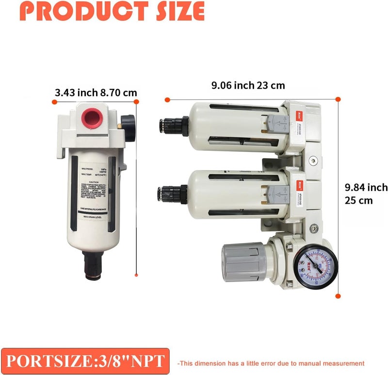 RIH Store Pneumatics 1/2'' NPT Auto Drain Compressed Air Double Filter & Regulator, Air Drying System, Air Compressor Water Separator, Auto Drain, Poly Bowl,0-150 psi Gauge, 5 Micron Brass Element (1/2 NPT) - Image 2